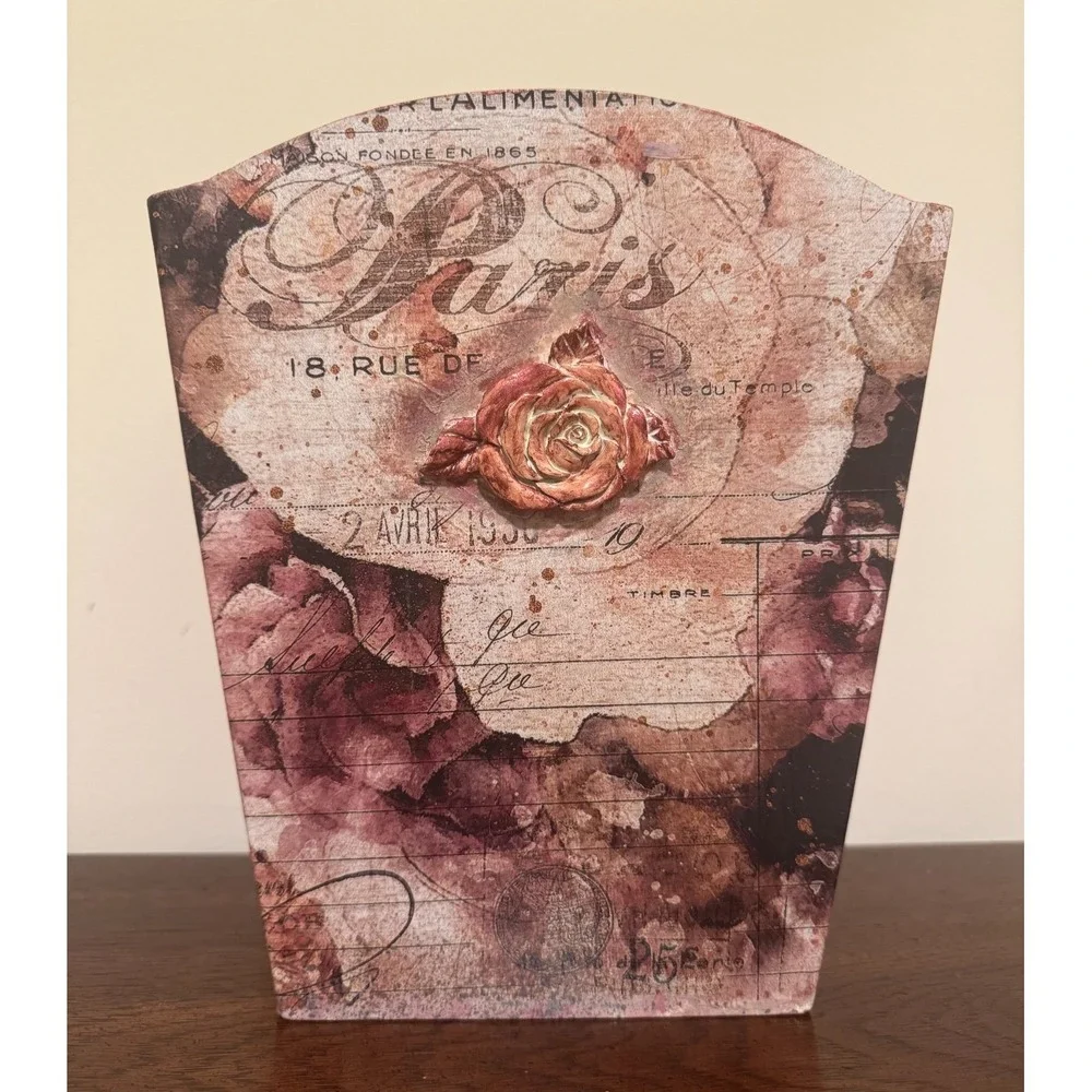 Wooden Trash Can Decoupaged Mixed Media French Inspired Shabby Chic 10